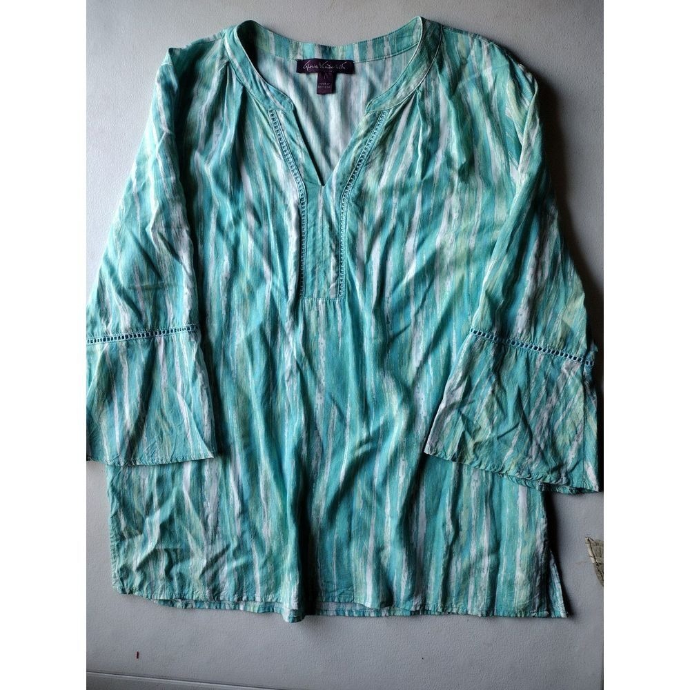 Gloria Vanderbilt Tunic Top Teal White Vertical Stripe V-Neck Bell Sleeve L
